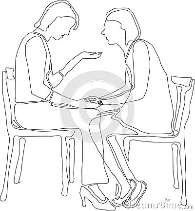 Two girls sit opposite each other and talk in confidence, one reaches out Vector Illustration